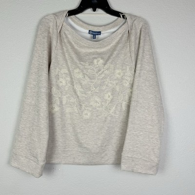 Democracy Women s Long Sleeve Top Boat Neck Tan With Embroidery Medium D2