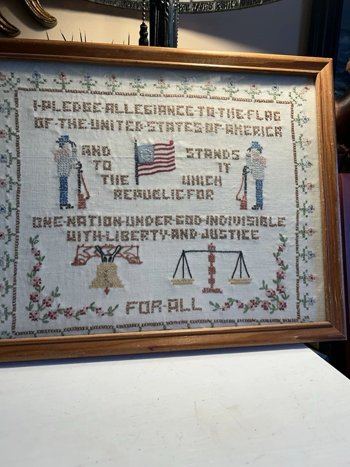 Needle Point Cross Stitch Sampler: Pledge Of Alliance To The Flag Patriotic - Image 2 of 4