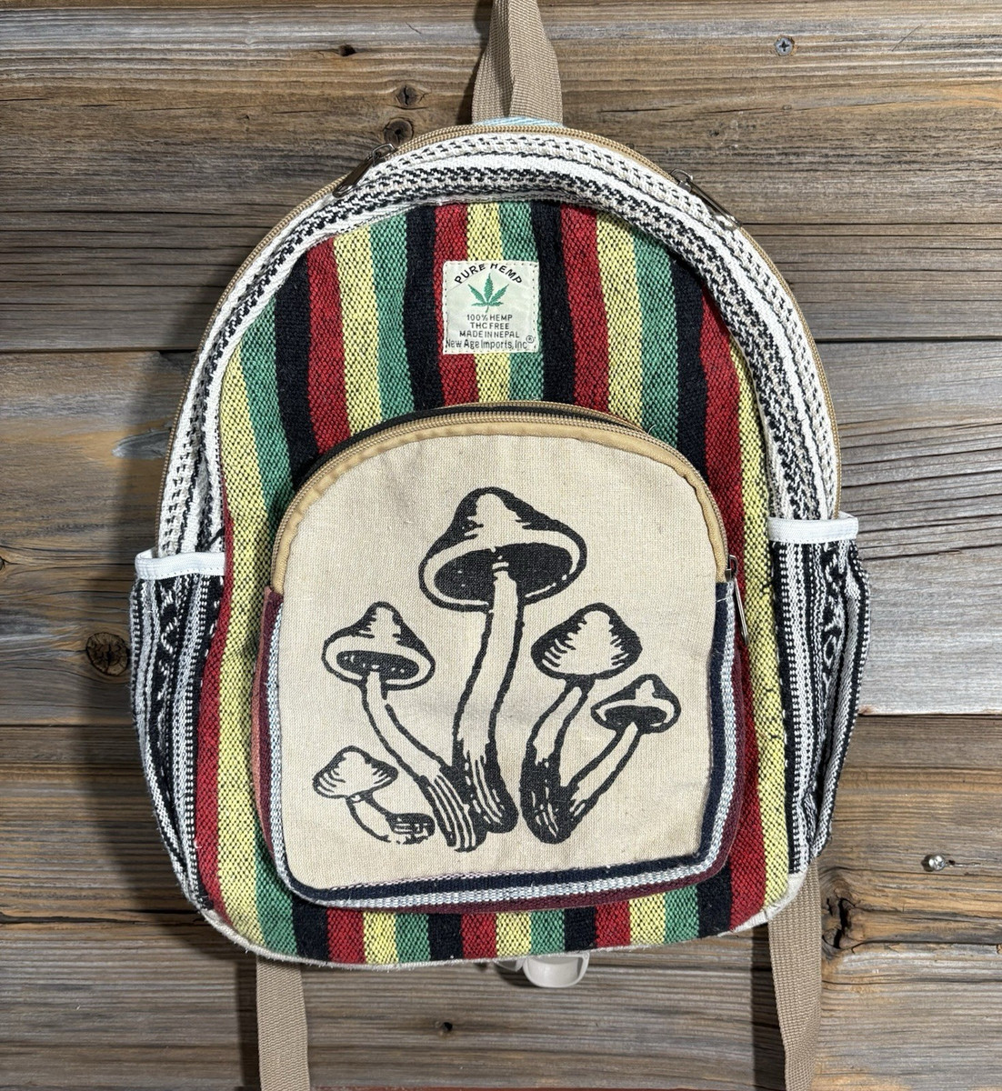 Small 100% Hemp Backpack Mushroom New Age Imports Made in Nepal Travel Laptop