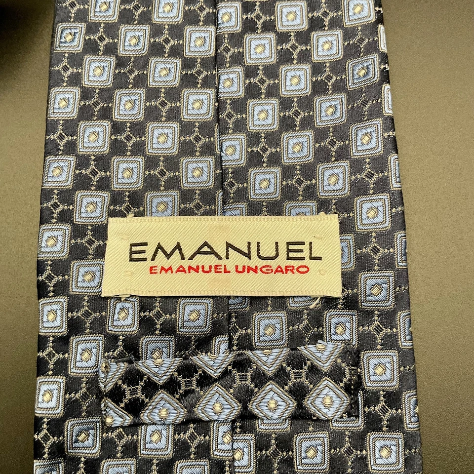 Corbata Emanuel Ungaro Para Hombre Azul Marino Geométrica 100% Seda Diseñador Lujo Foto 2 de 3
