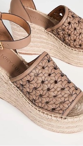Tory Burch Women Sandal 8.5 M Basketweave Espadrille Wedge Almond Flour Platform - Picture 5 of 24