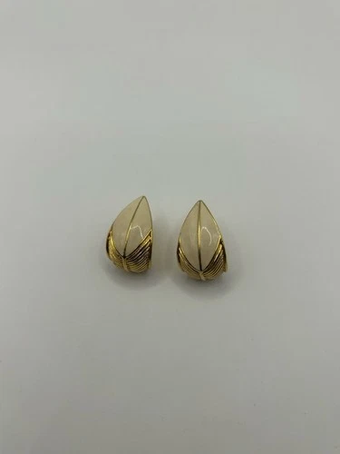 Vintage Trifari Signed Cream and Gold Colored Clip On Earrings Estate Jewelry