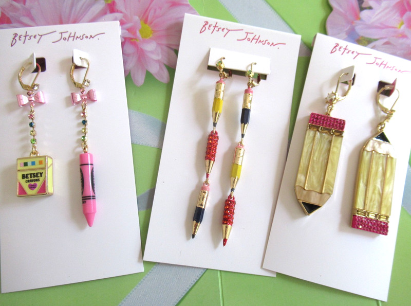 Betsey Johnson Earrings BACK TO SCHOOL Crayon,  Pencils Mismatch  Lot 3 NWT