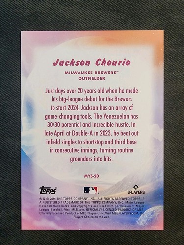 Jackson Chourio RC 2024 Topps Actualización Mystical Blue Foilboard SP Brewers MYS-20 - Imagen 2 de 2