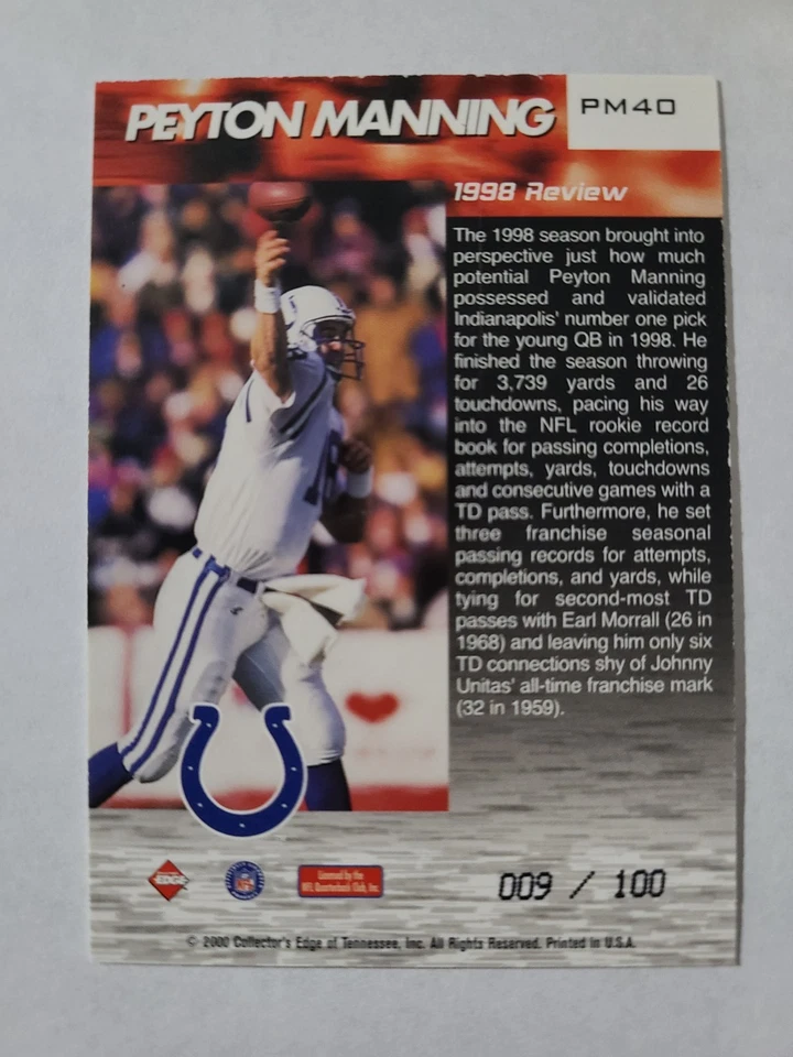 Tarjeta autógrafa Collectors Edge Peyton Manning 1998 Rookie Review 09/100 2000 Foto 4 de 4
