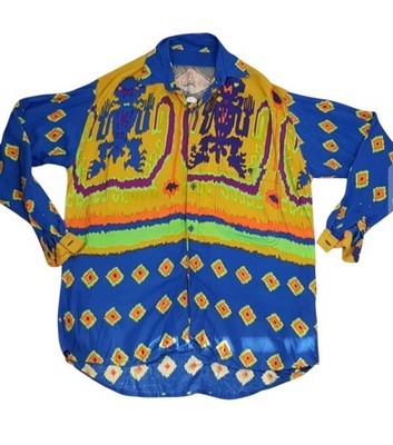 Tribal Shirt One Size Blau Gelb Festival Boho Handarbeit Vintage Bali 