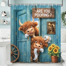 Funny Highland Cow Shower Curtain, are You Pooping Bathroom Decor, Blue Rustic W