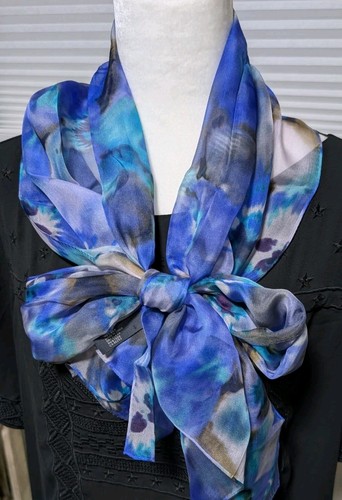 Anne Klein Teal and Black Tropical Floral Scarf 60" x 14" 100% Silk - Picture 1 of 11