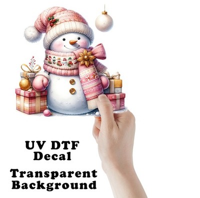 Pink and Gold Snowman Christmas UV DTF Transparent Sticker / Decal
