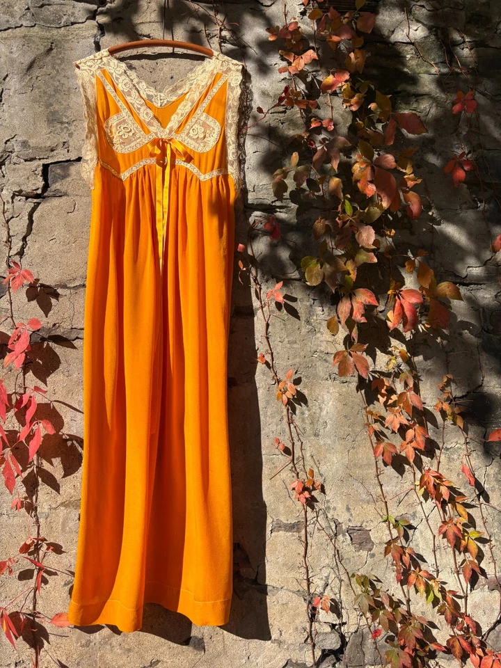 Antique VTG Edwardian Orange Silk Nightgown Dress w/ Lace Embroidery Gift S-L - Image 2 of 4