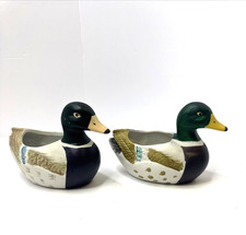 Vintage Hand Painted Ceramic Mallard Ducks Set Of Two Planters 5.5" Long ZZ13