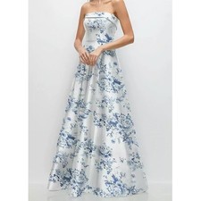 Alfred Sung Strapless Floral Satin Gown Blue Cottage Rose Larkspur Sara Size 4
