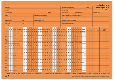 RNK Verlag Urlaubs- und Fehltagekarte 2027 tabellarisch orange 10 Karten