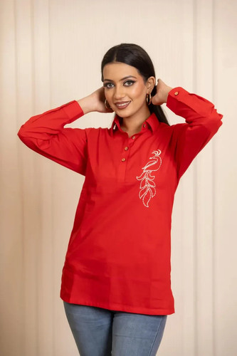 Peacock Motif Red Cotton Tunic Top for Women, Kurta Style Summer Top, Casual Top