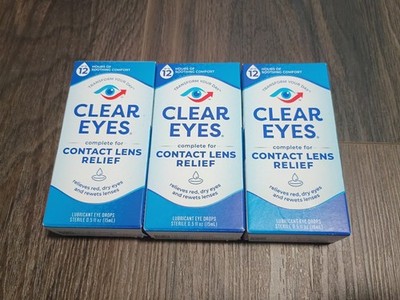 3 Packs Clear Eyes Contact Lens Relief Eye Drops, 0.5 fl oz  EXP 07/2026