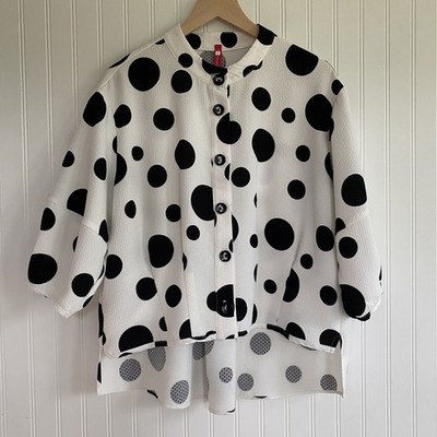 IC Collection Womens Pleat Hem Kimono Blouse Size S Polka Dot Button Up Eclectic