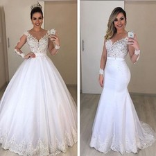 Long Sleeve Wedding Dresses Detachable Skirt Lace Tulle White Ivory Bridal Gowns