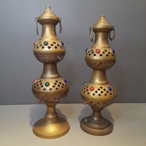 Alter Gold Messing Indianer Lampen Eingebettet Schmuck Edelsteine Asiatisch Vintage Rustikal x2