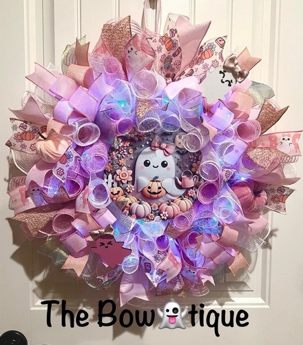 Handmade 22 in Pink Halloween Wreath Ghost Pumpkins LED Lights W15