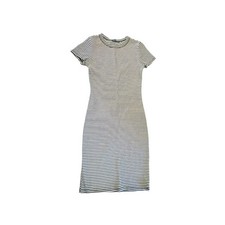 Soprano XS Black White Striped Ribbed Short Sleeve Bodycon Dress Knee Length