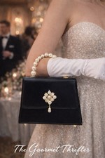 Black Pearl Handle Evening Bag Gold Floral Pearl Clasp Gold Chain Strap NEW