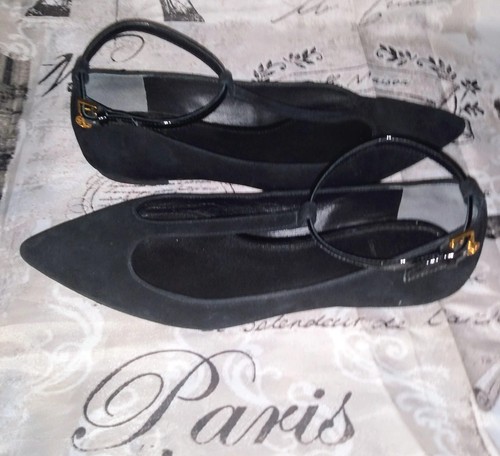 TORY BURCH Ashton T-Strap Flats Pointed Toe Blk Kid Suede/Patent Leather Shoes❤️ - Picture 2 of 24