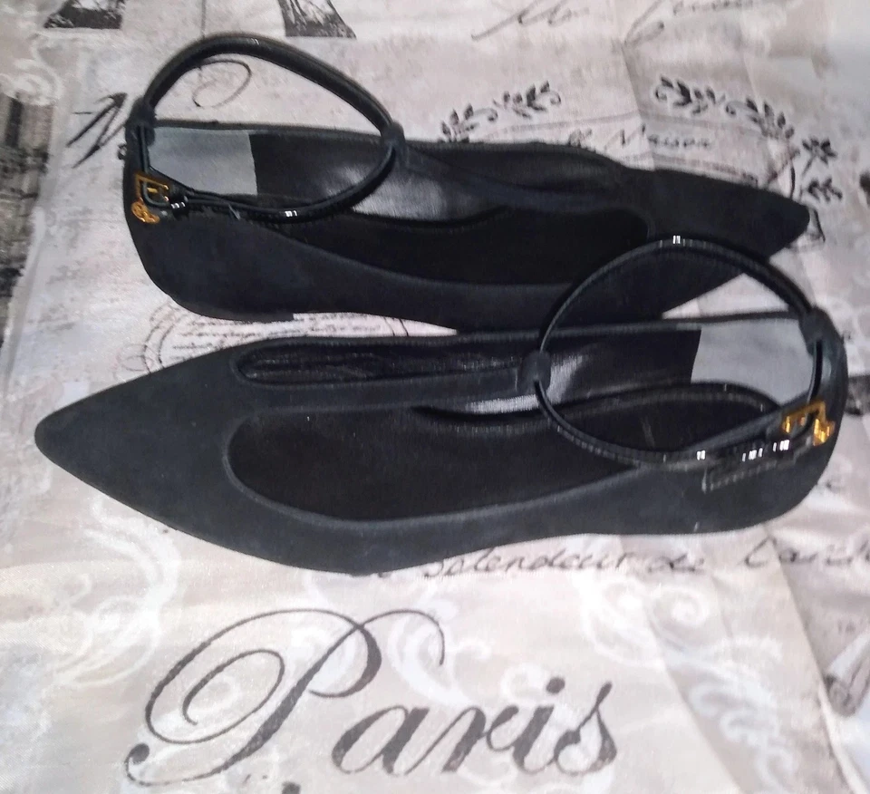 Zapatos TORY BURCH Ashton Correa en T Planos Punta en Punta Negros Niños Gamuza/Patente Cuero❤️ Foto 2 de 4