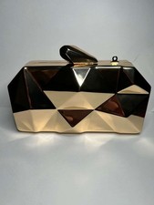 Women's Gold Geometric Rectangle Purse Evening Clutch Hard Case New