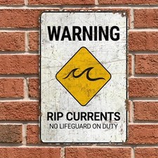Vintage Coastal Metal Warning Plaque Rip Currents Tin Sign for Beach Bar Decor