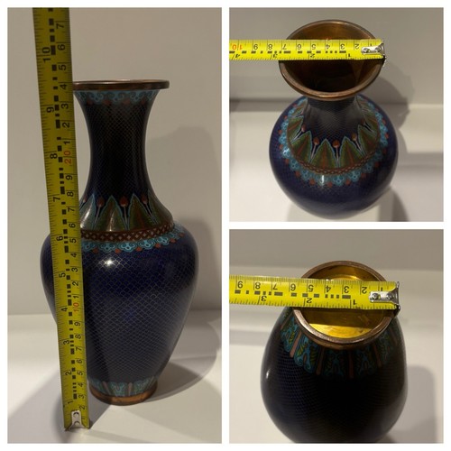 Antique ? Chinese Copper? Cloisonné Vase 9.5" Blue With Leaf Border AS IS DAMAGE - Picture 2 of 22
