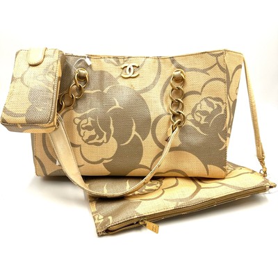 HJ225 CHANEL Canvas Camellia Printed Shoulder Bag Beige Floral F15