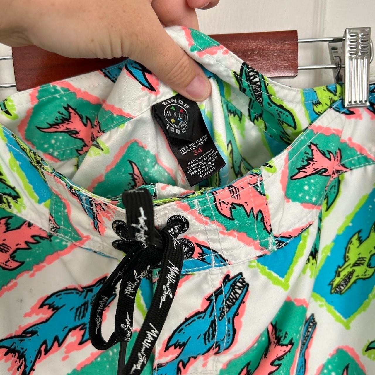 Maui & Sons Drawstring/Lace Up Swim Board Shorts Neon Sharks - Size 34 image 2