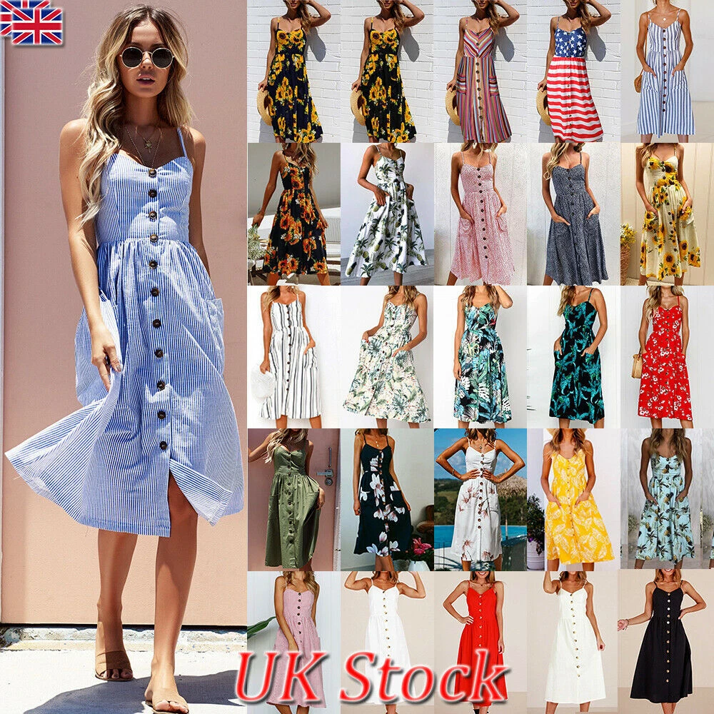 Womens Strappy Dresses Summer Beach Midi Dress Plus Size Ladies Holiday  Sundress | eBay