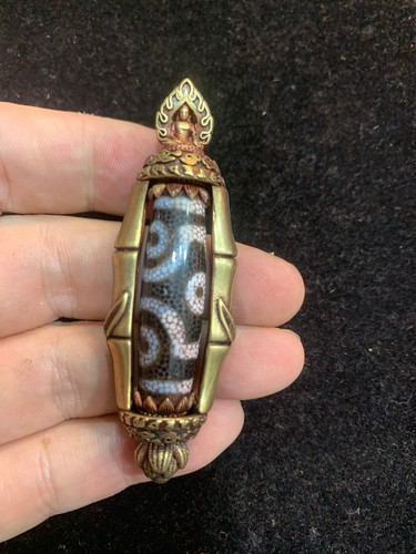 Rare Tibetan Brass Inlay Old Dragon Vein Agate Dzi *6Eyed* Bead Pendant ZZ064 - Picture 4 of 5