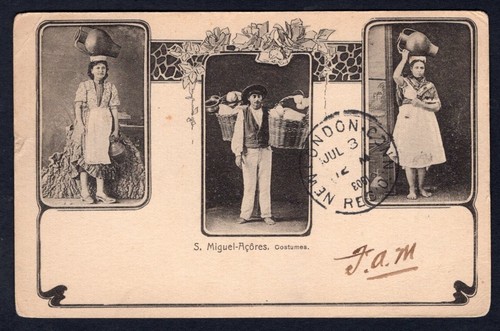 PORTUGAL Ponta Delgada 1903 Postcard to USA. Azores Types, Costumes - Picture 3 of 3
