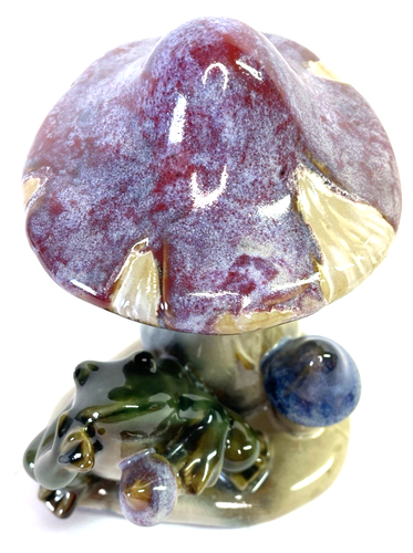 Figurine ancienne grenouille avec champignons céramique émaillée goutte à goutte 5,5" P x 4,5" fantaisiste - Photo 2/14