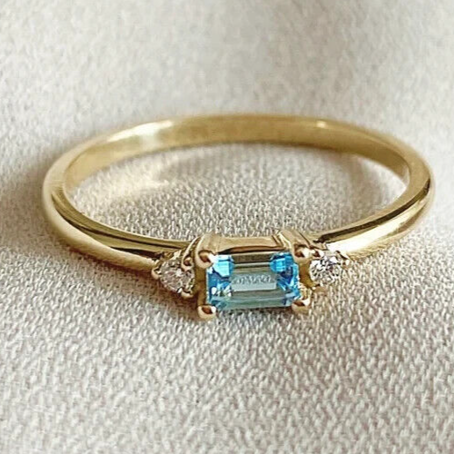 Anello di Fidanzamento 3,50Ct Taglio Smeraldo Simulato Topazio Blu/ZIRC Placcato Oro Giallo 14K - Foto 1 di 8