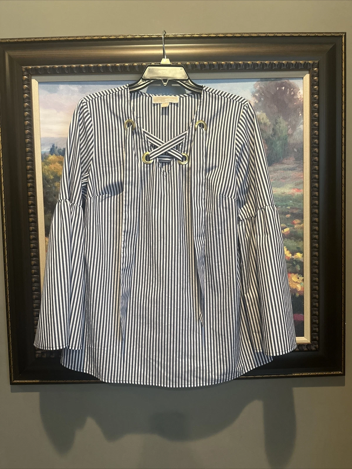 Camicia Michael Kors donna M a righe Grommet con lacci manica a campana blu nuova senza etichette $110