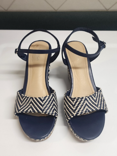Nautica womens 10 wedge heel blue and white strappy sandal silver sail boat logo