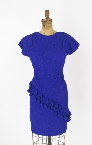 Vintage 80s Purple Crinkle Stretch Diagonal Ruffle Dress Bodycon Wiggle Punk S/M