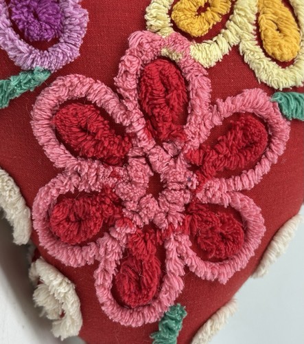 NEW Handmade Large Vintage Chenille Heart Pillow 3 Plush Flowers Valentine Decor - Picture 6 of 8