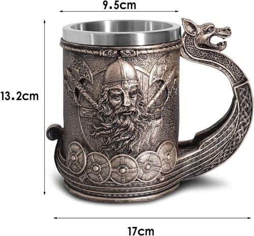 Wikinger Krug mit Edelstahleinsatz Drakkar Schiff - Fantasy Trinkbecher Bierkrug - Bild 9 von 16