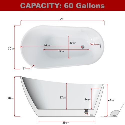 59" Freestanding Acrylic Bathtub, Stand Alone Soaking Tub w/ Chrome Overflow - Picture 5 of 11