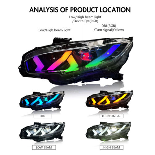 RGB LED Headlights For 10th Gen Honda Civic 2016-2021 Hatchback Sedan Type R - Bild 4 von 20