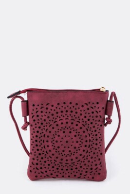 Burgundy Laser Cut Pattern Crossbody Bag Purse Shoulder Strap Leather LookSmall 