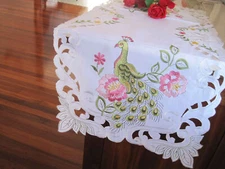 Petty Green Peacock Pink Peony Embroidery Cutwork White Table Runner