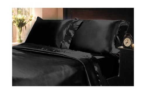 Tumble Dry King Size Bed Sheet Set Royal Opulence Black Satin Silk Soft Bedding - Picture 2 of 2