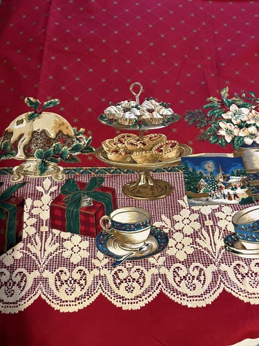 Kesslers Concord Christmas Fabric 58 x 108" tablecloth size double border cotton - Picture 6 of 8