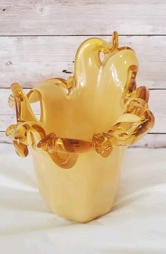 Beautiful Murano Italy White Cristal Amber Yellow Swirl Hand Blown Glass Vase - Picture 6 of 17