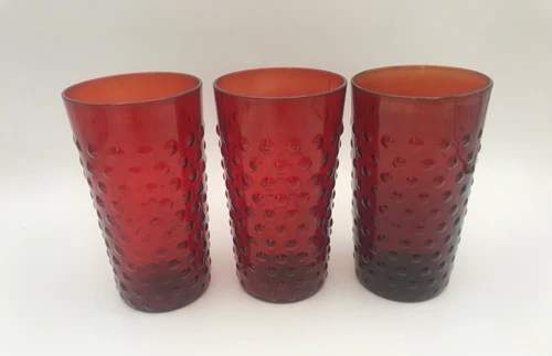 SET OF 3 VINTAGE ANCHOR HOCKING RUBY RED GLASS HOBNAIL 5” TUMBLERS